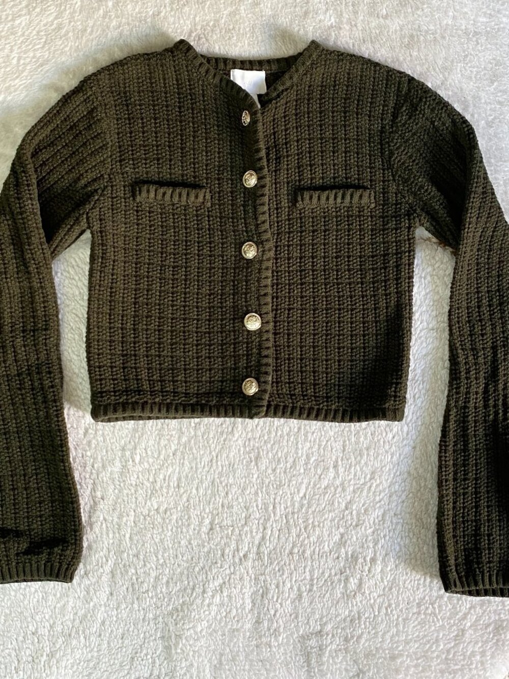 H&M Olive Green Chunky Knit Cardigan Sweater Jacket Gold Buttons